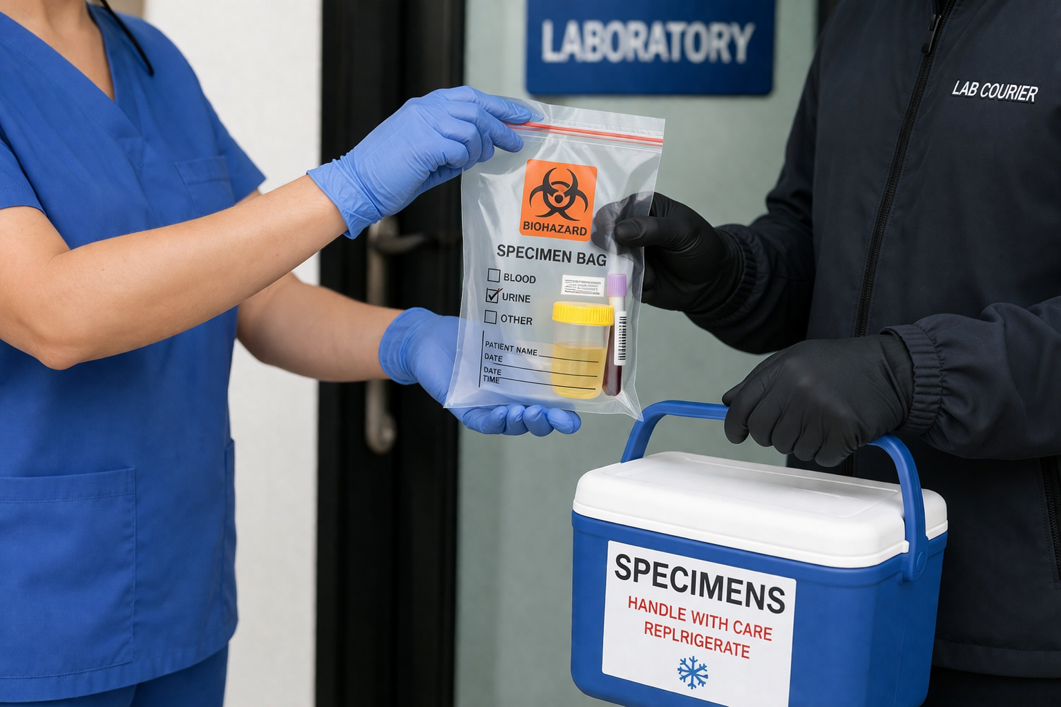 Specimen bag being handed to a lab courier with a refrigerated specimen cooler
