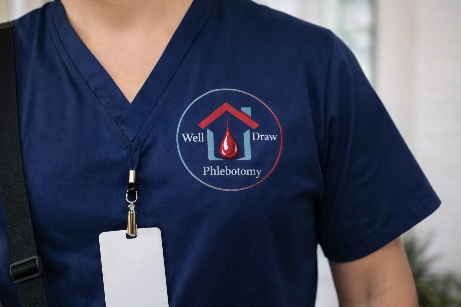 Certified WellDraw phlebotomist in scrubs arriving for an appointment