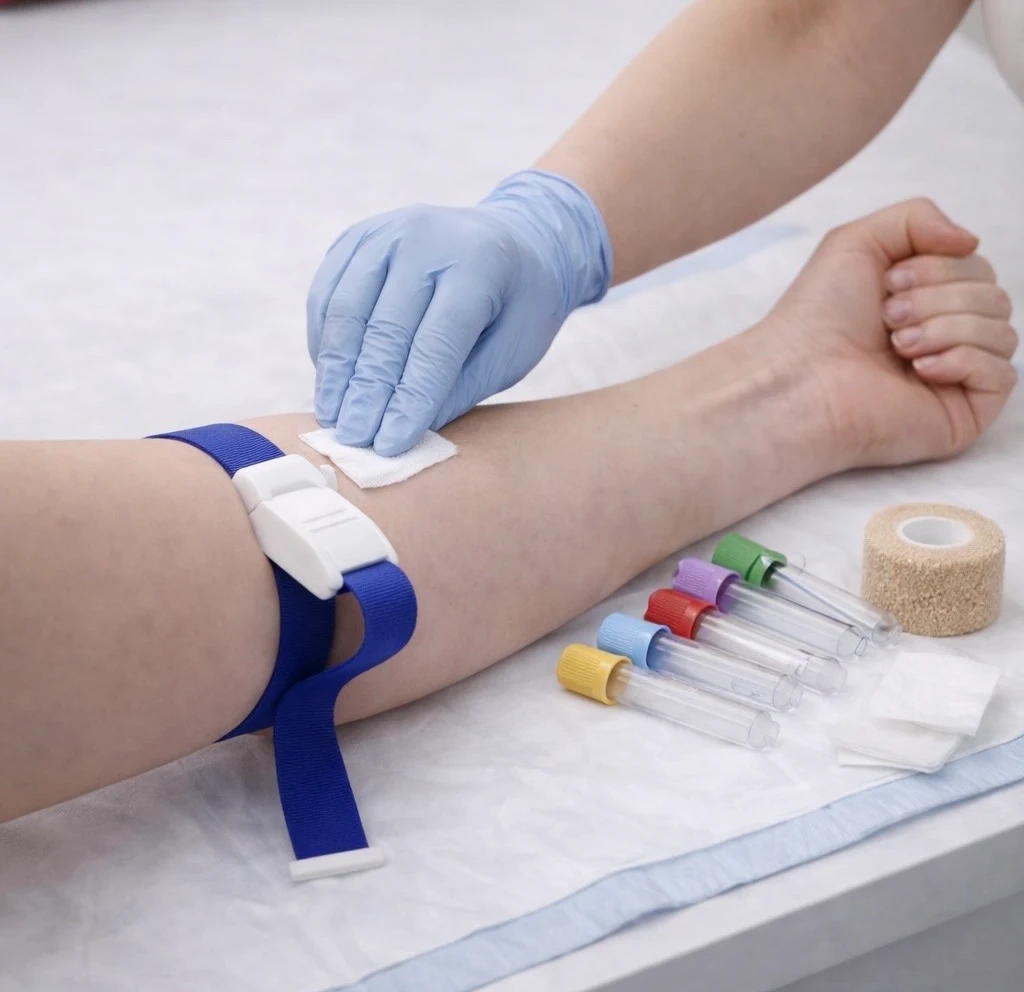 Certified WellDraw phlebotomist performing a gentle blood draw with color-coded collection tubes